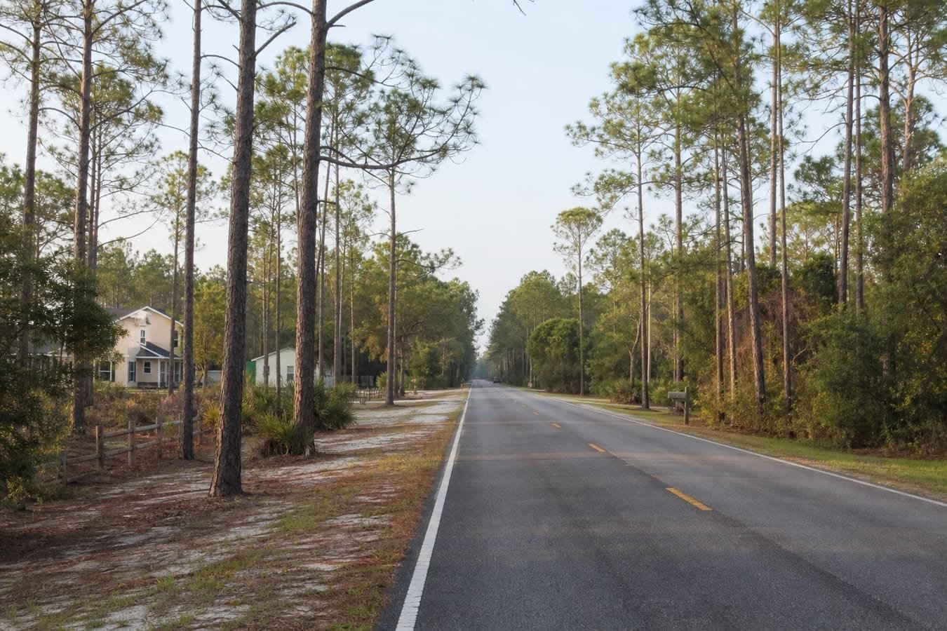 Inland north Brevard pine flatwoods and scrub along a quiet road — wildlife removal service area for Port St. John, FL