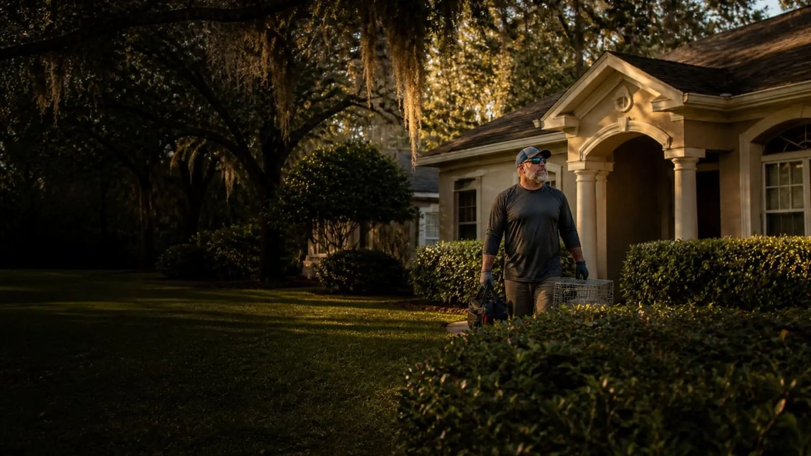 Wildlife technician mid-ground at a Florida home under live oaks at dusk