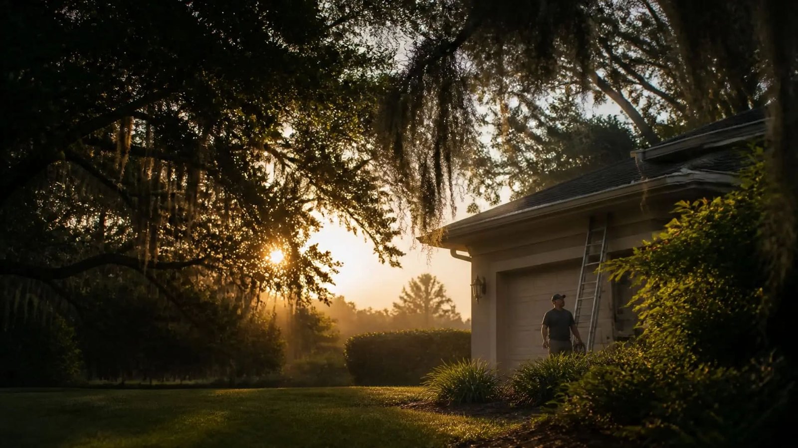 Wide Florida oak and Spanish moss atmosphere with technician distant near a home